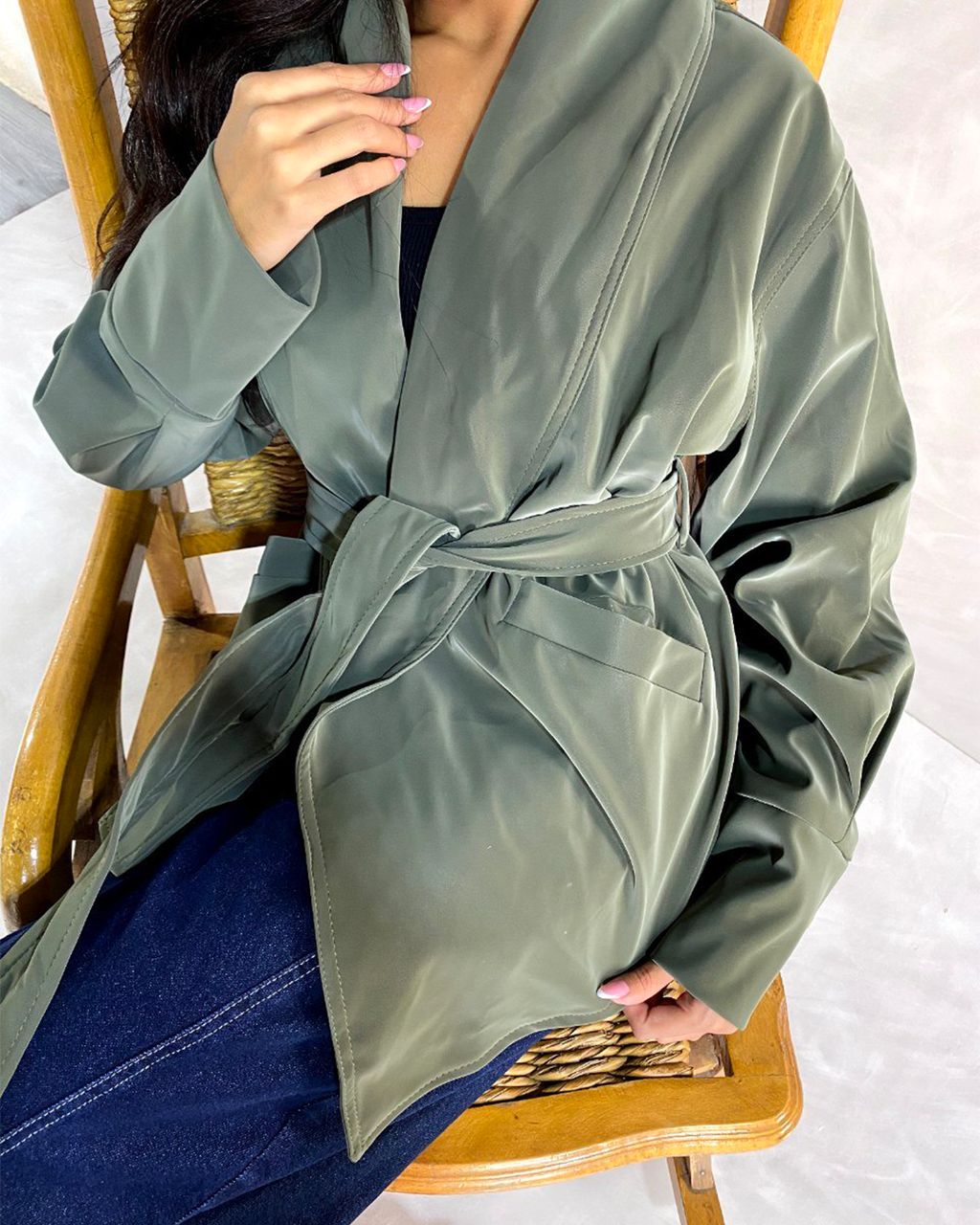 Belted Shawl-Collar Leather Wrap Jacket