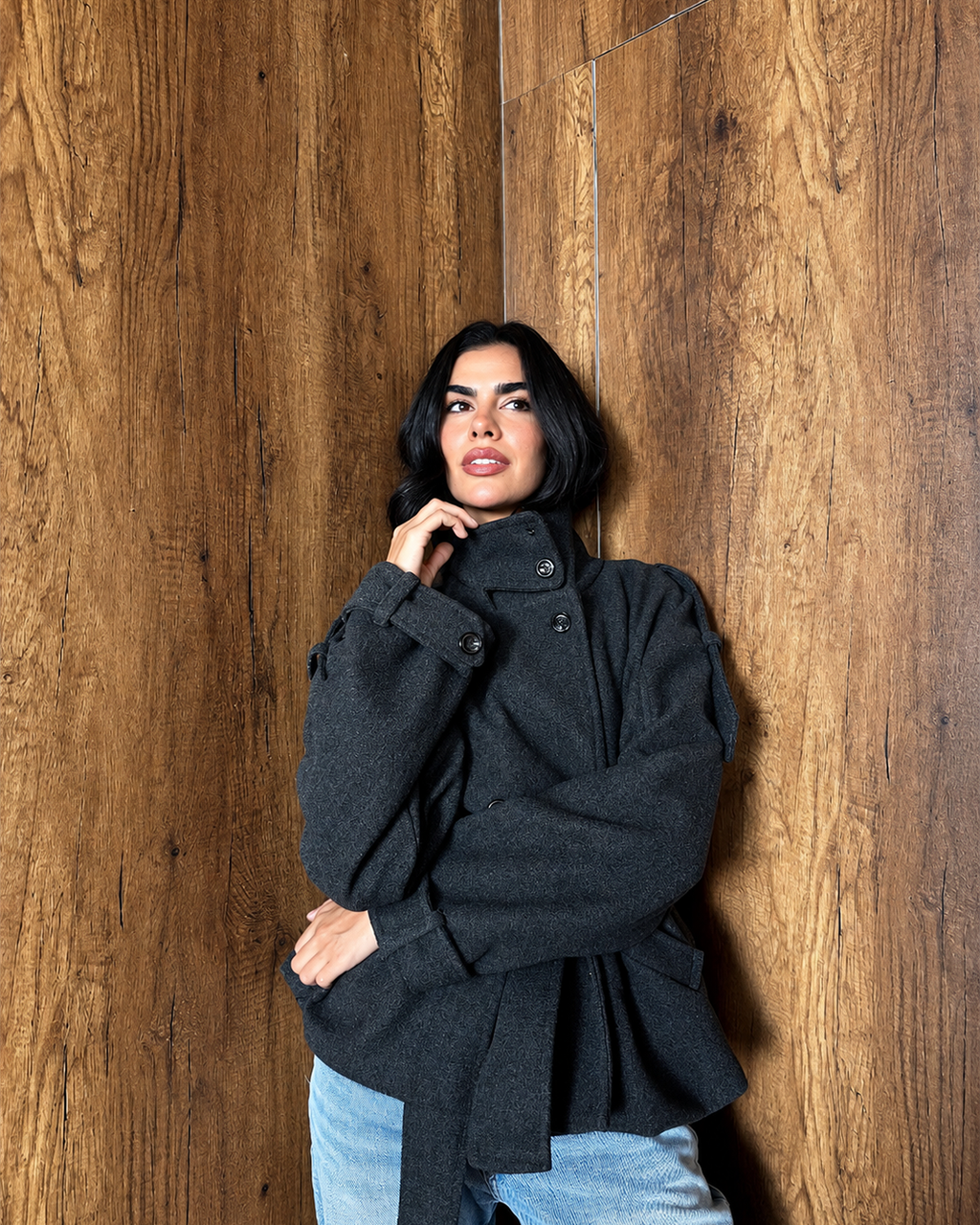 Belted High-Collar Melton Jacket