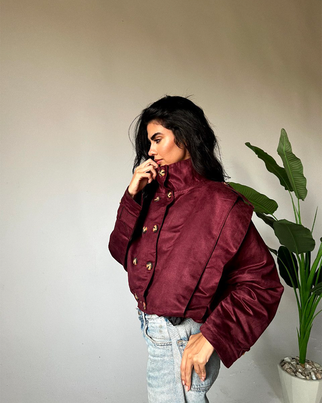 High-Collar Double-Breasted Blouson Jacket