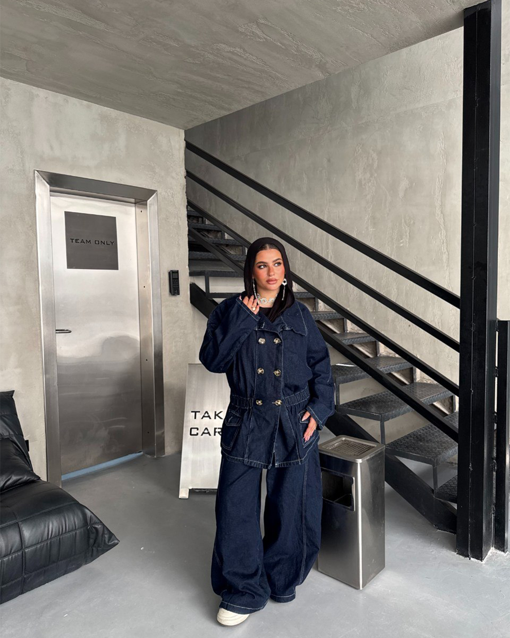 High-Collar Denim Jacket &amp; Barrel-Leg Set