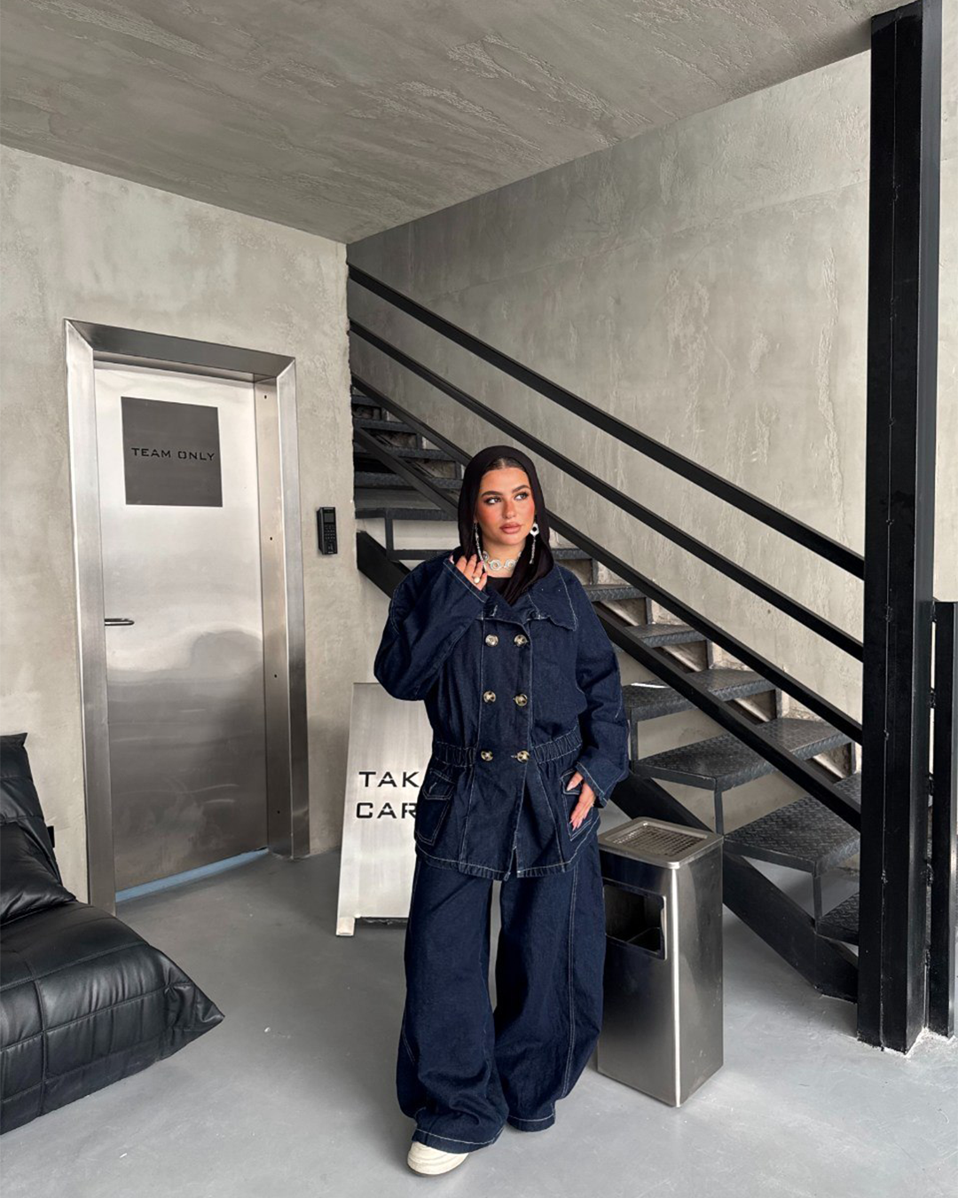 High-Collar Denim Jacket &amp; Barrel-Leg Set