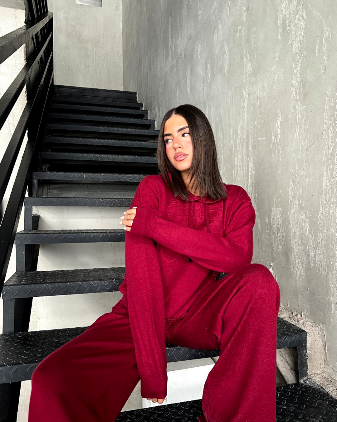 Tonal Embroidered Knit Hoodie &amp; Wide-Leg Set