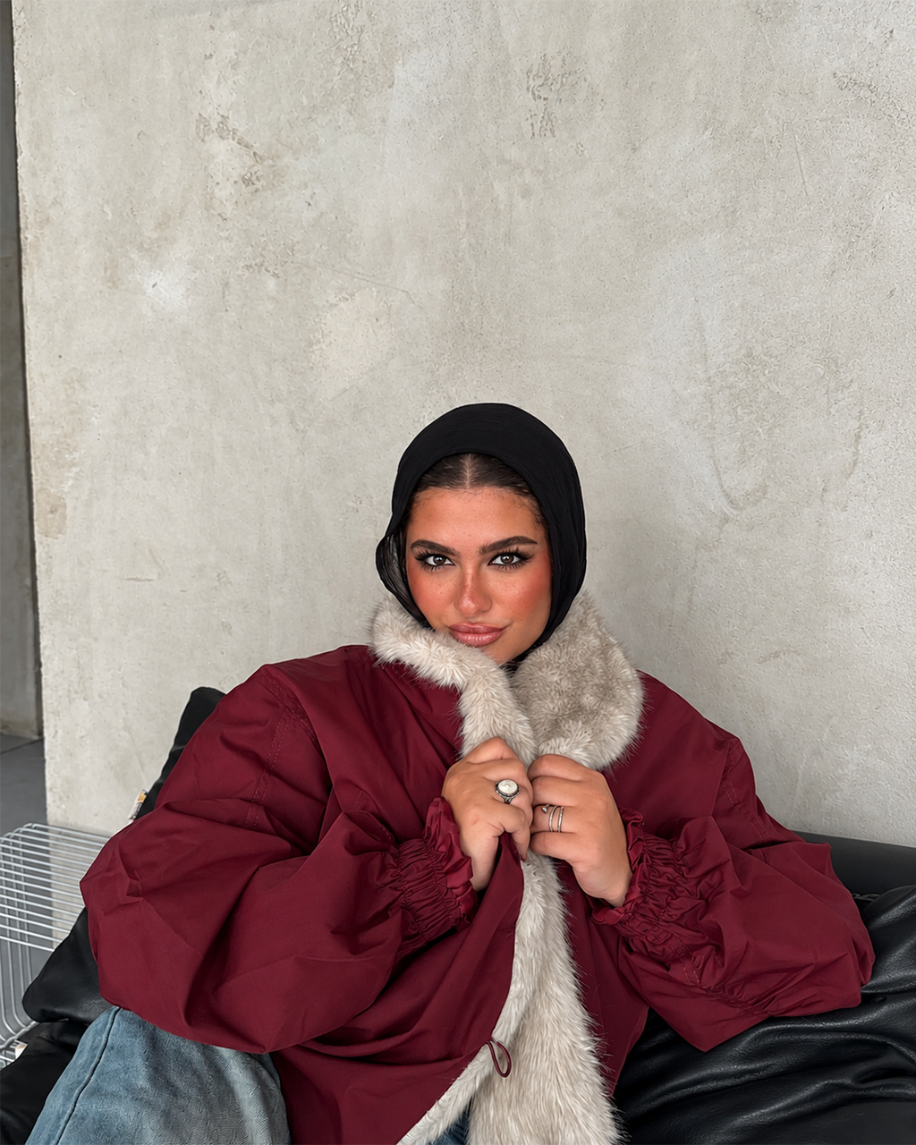 Plush-Collar Cropped Bomber Jacket