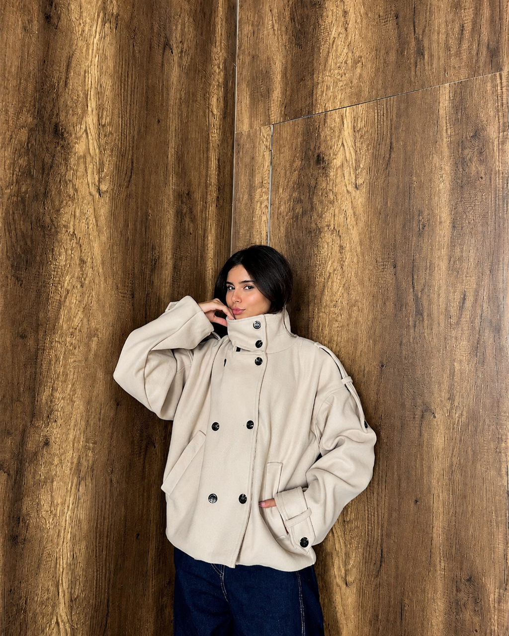 Belted High-Collar Melton Jacket