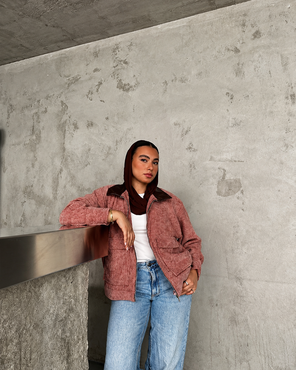 Leather-Collar Velvet Bomber Jacket