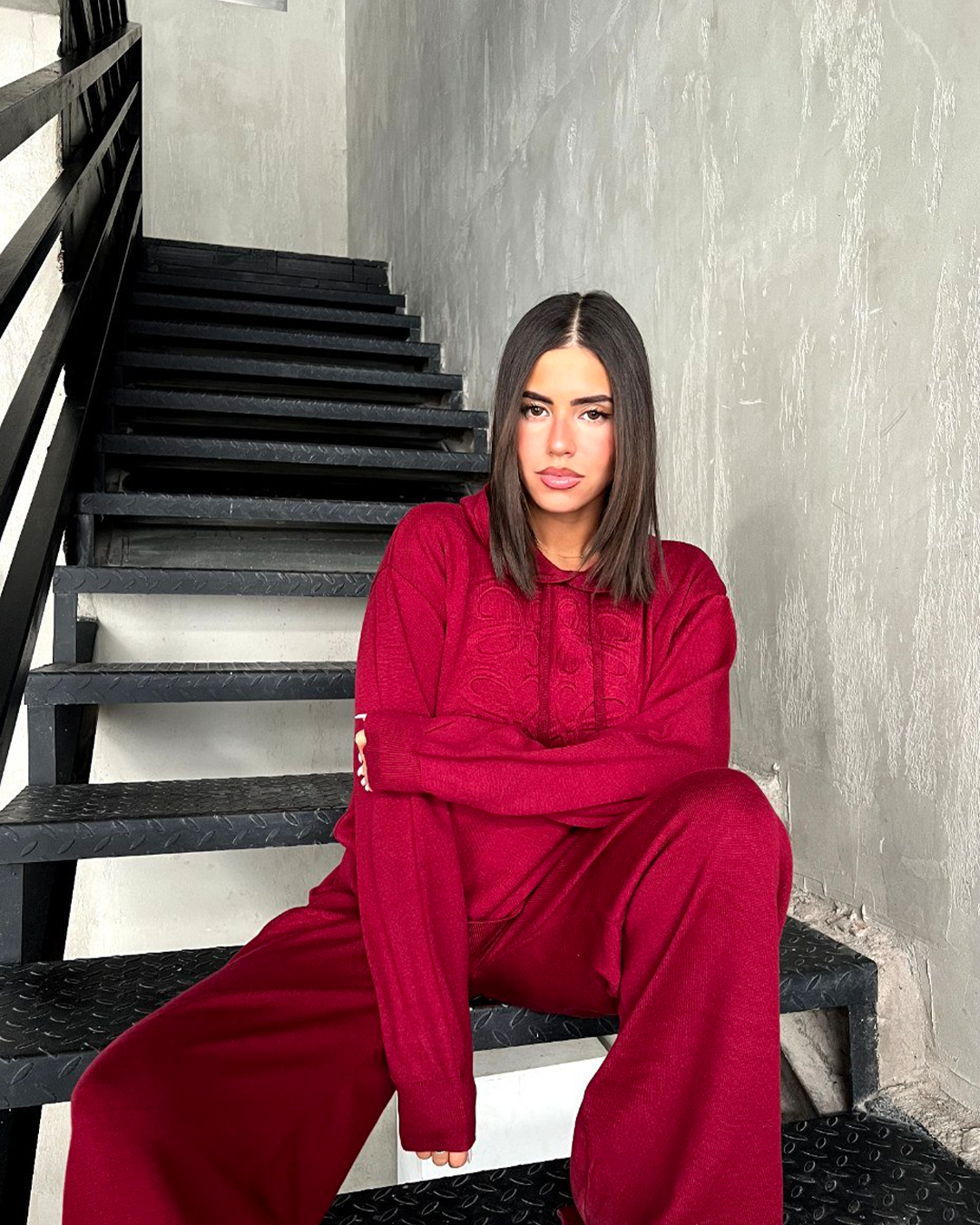 Tonal Embroidered Knit Hoodie &amp; Wide-Leg Set