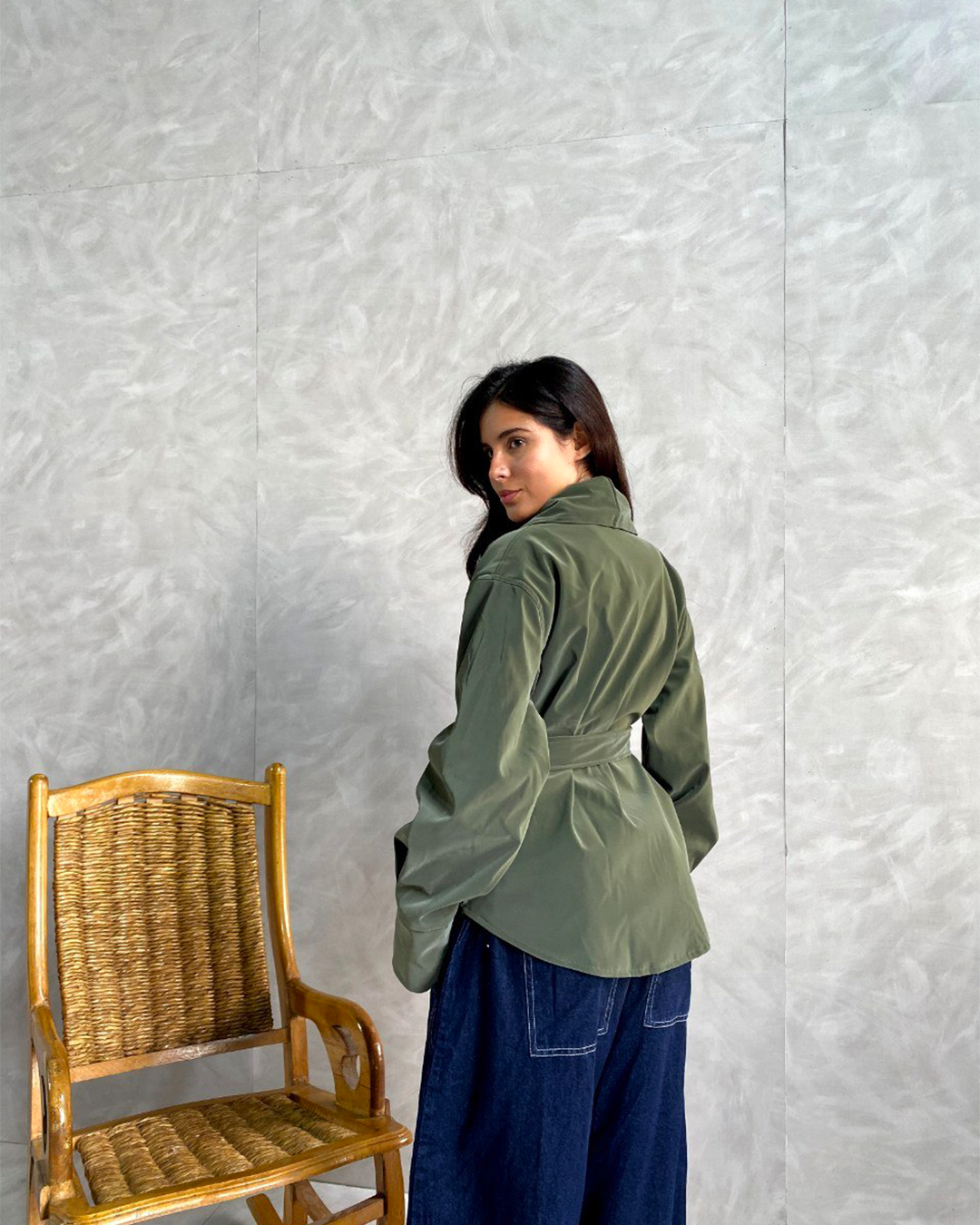Belted Shawl-Collar Leather Wrap Jacket