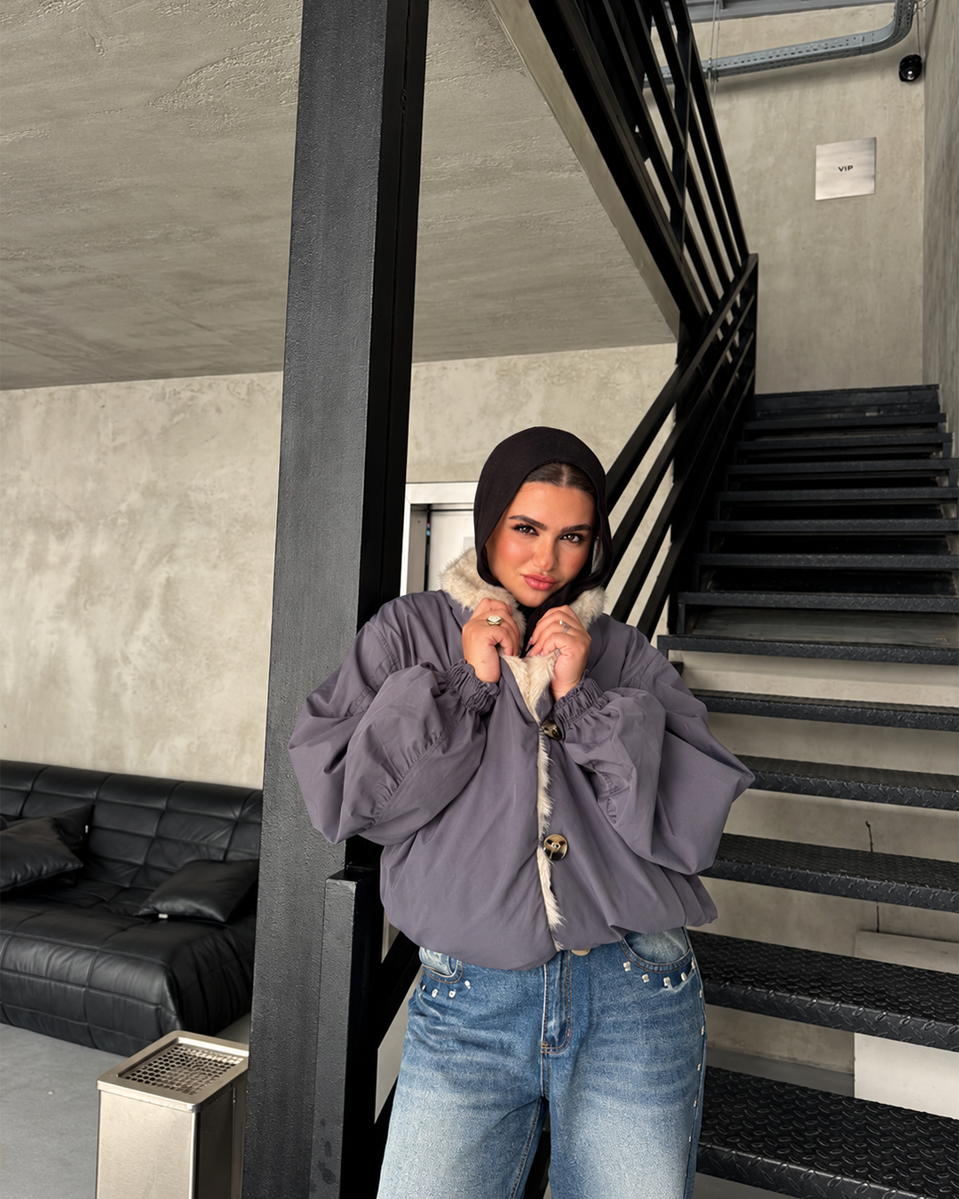 Plush-Collar Cropped Bomber Jacket