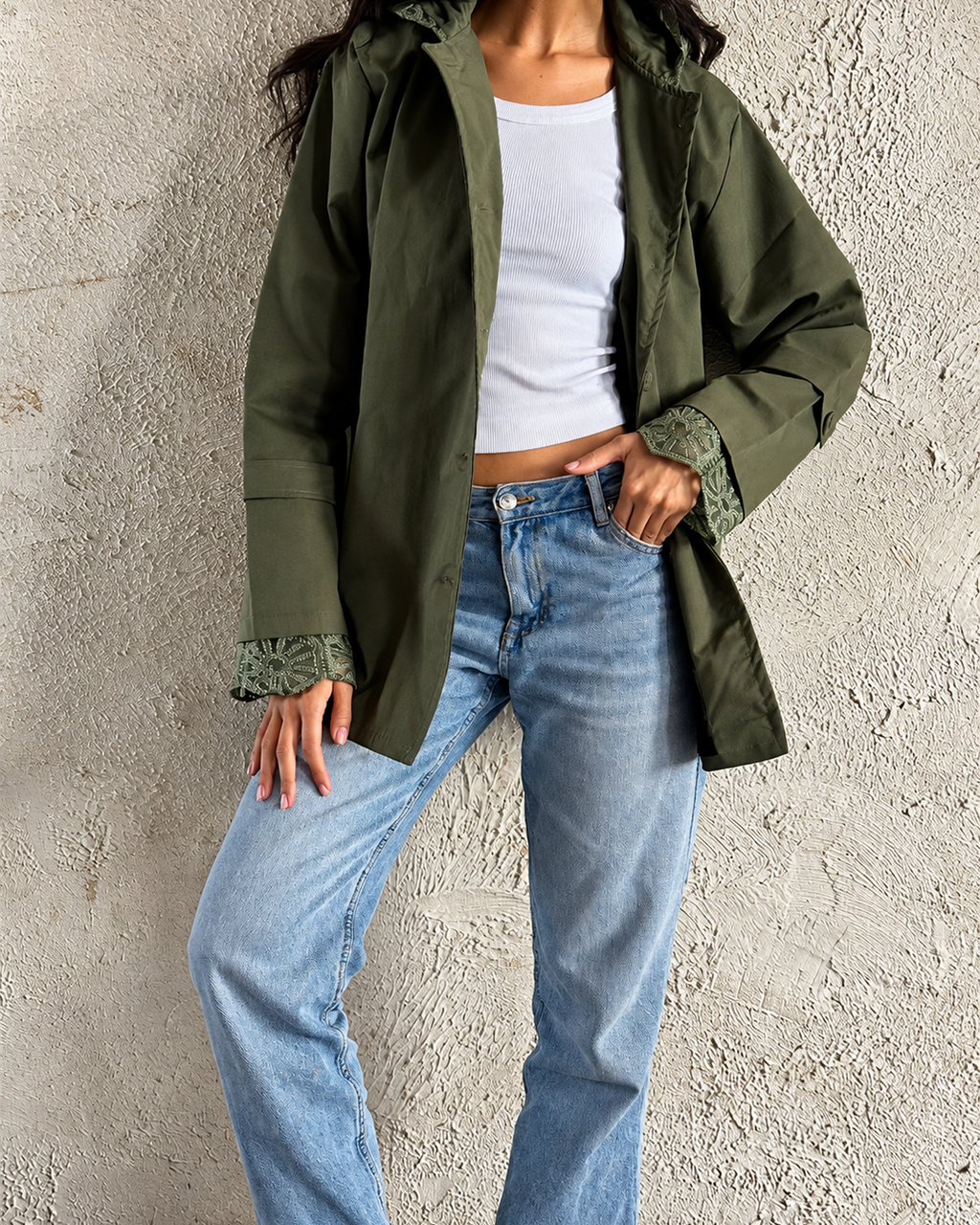 Guipure-Lace Hooded Gabardine Jacket