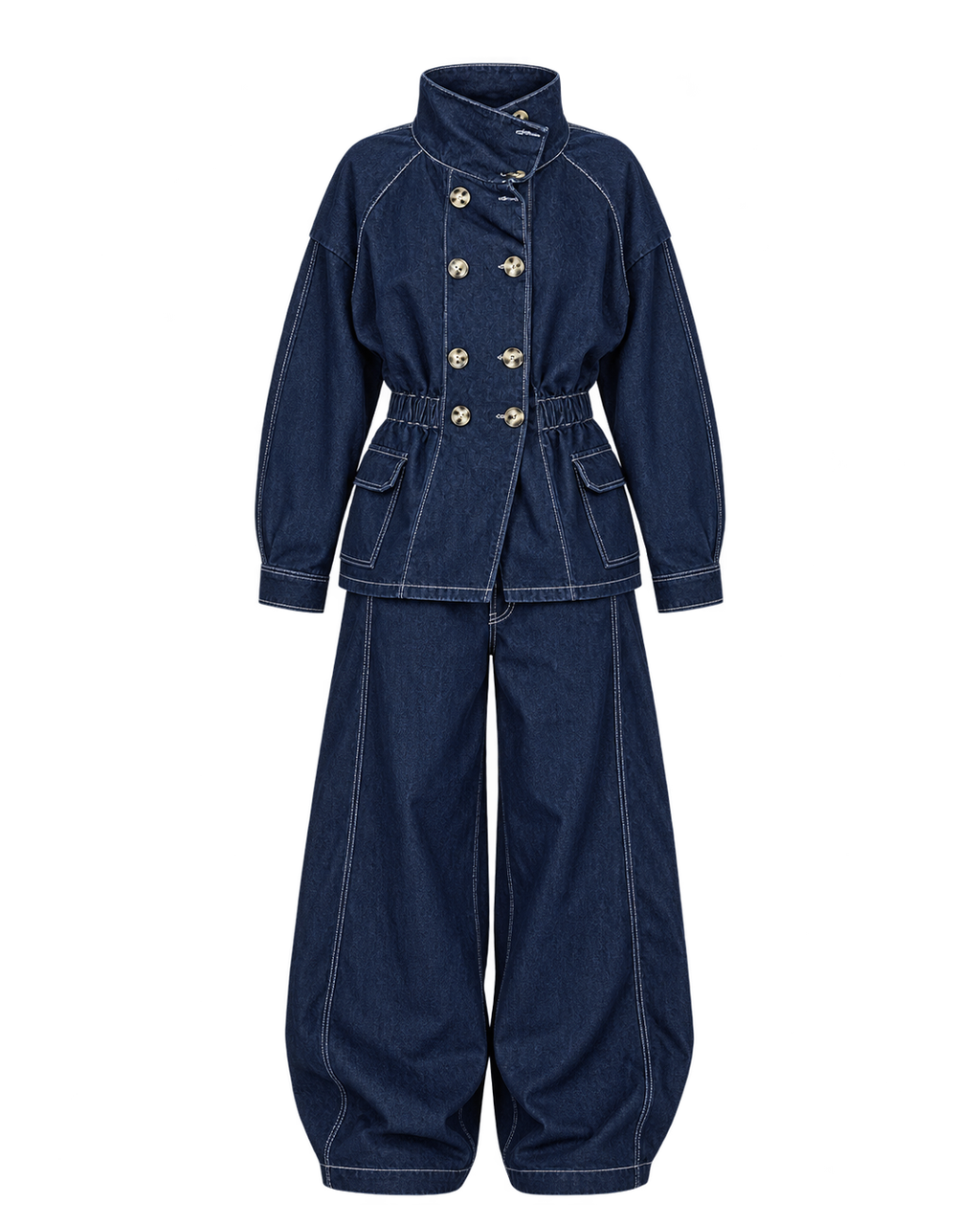 High-Collar Denim Jacket &amp; Barrel-Leg Set