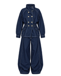 High-Collar Denim Jacket &amp; Barrel-Leg Set
