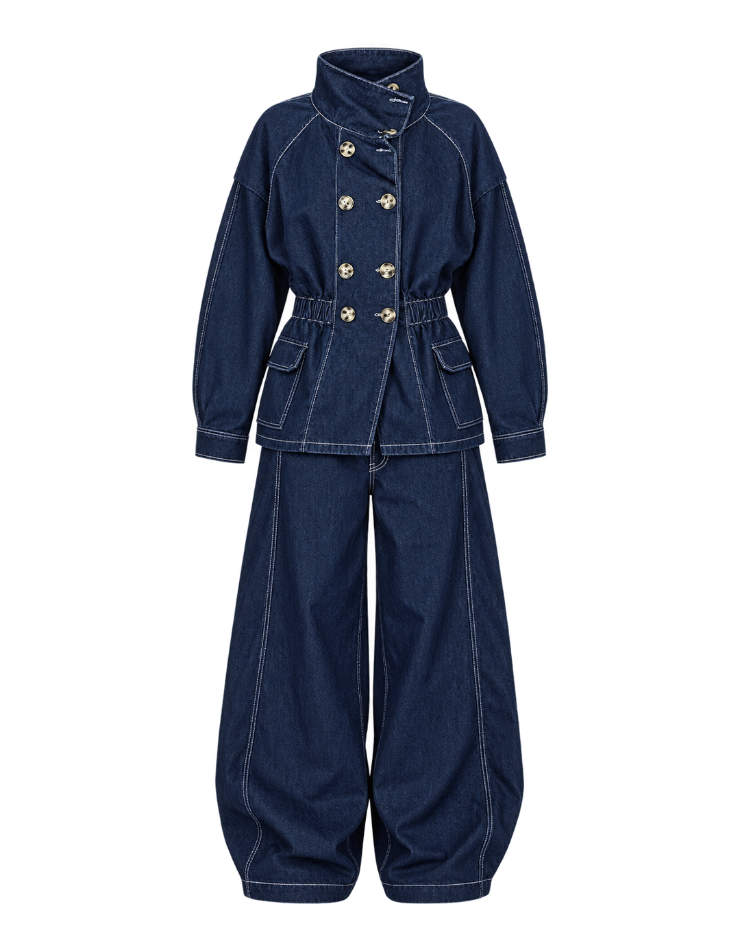 High-Collar Denim Jacket &amp; Barrel-Leg Set