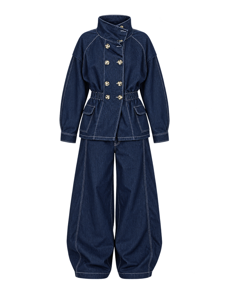 High-Collar Denim Jacket &amp; Barrel-Leg Set