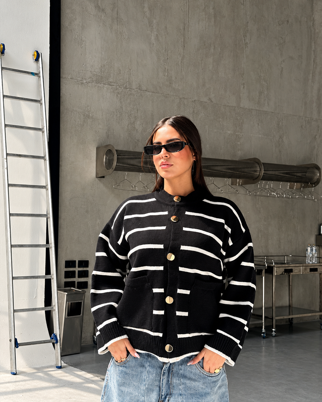 Gold-Button Striped Knit Cardigan