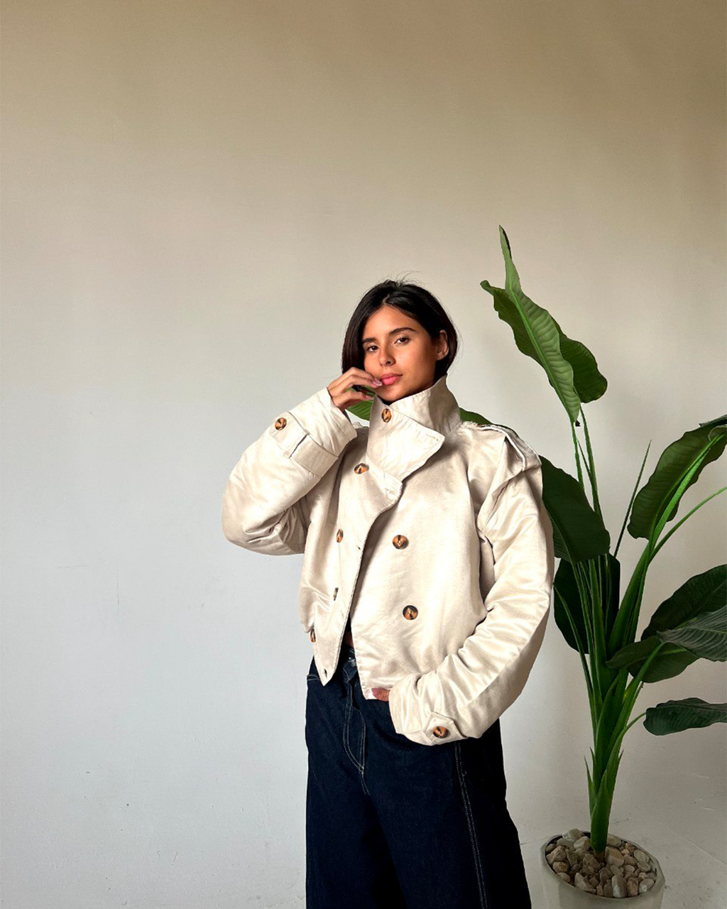 High-Collar Double-Breasted Blouson Jacket