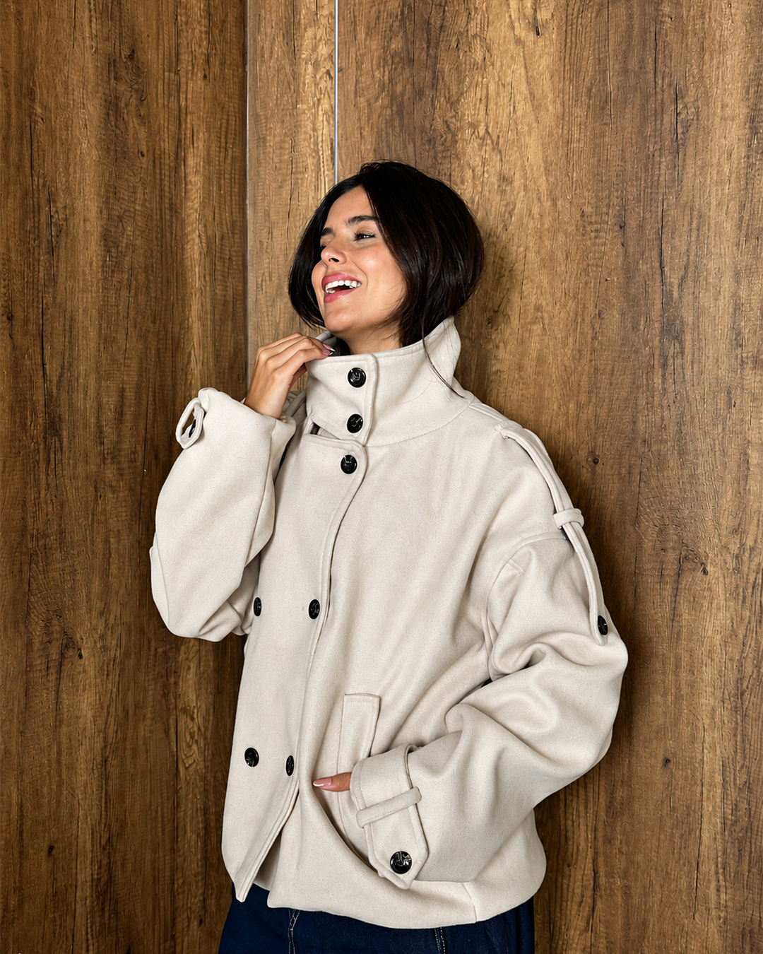 Belted High-Collar Melton Jacket