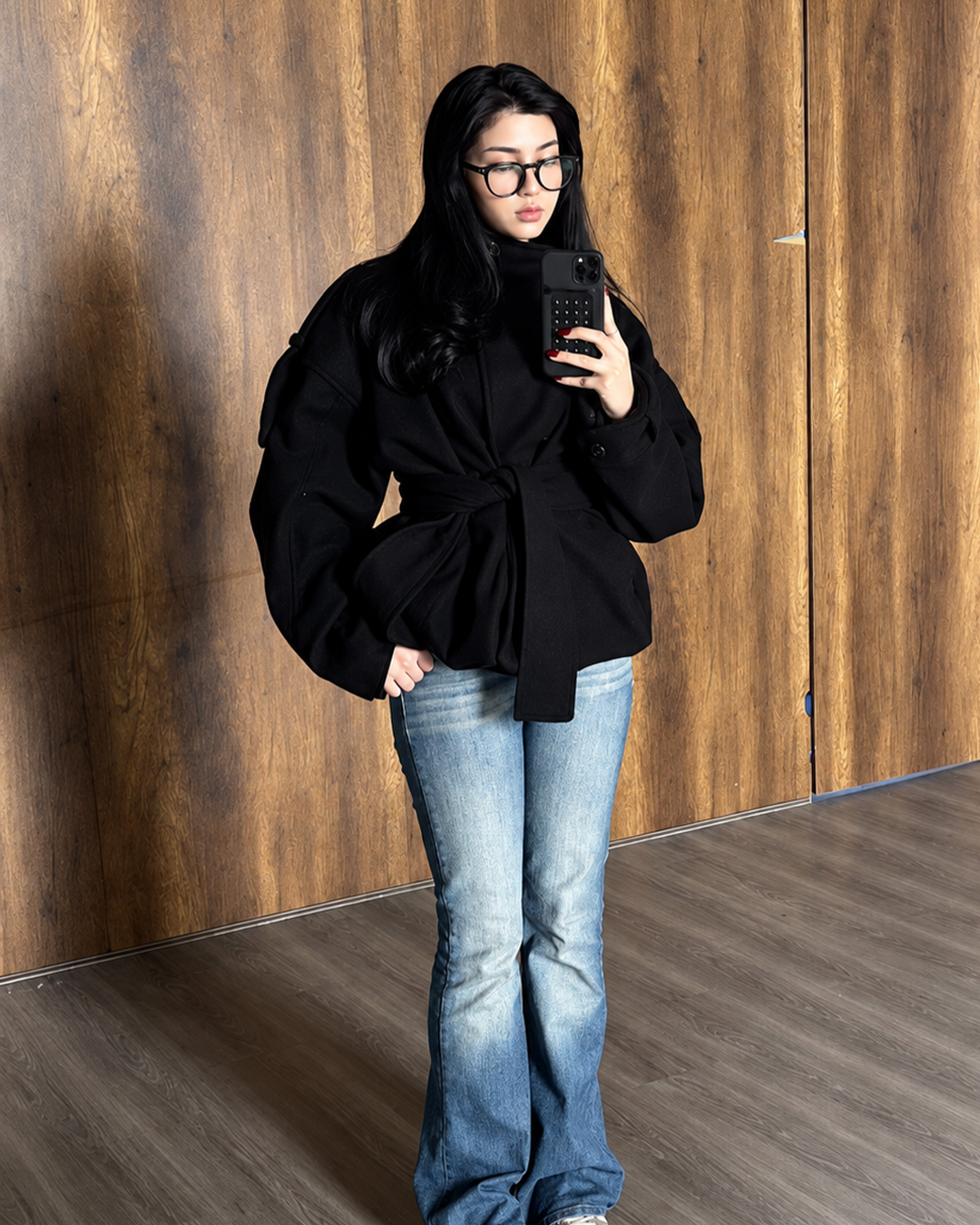 Belted High-Collar Melton Jacket