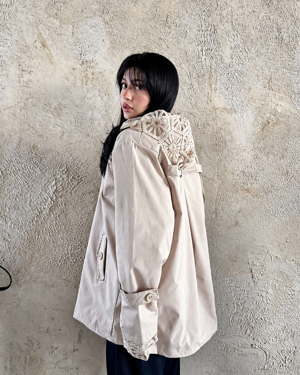 Guipure-Lace Hooded Gabardine Jacket