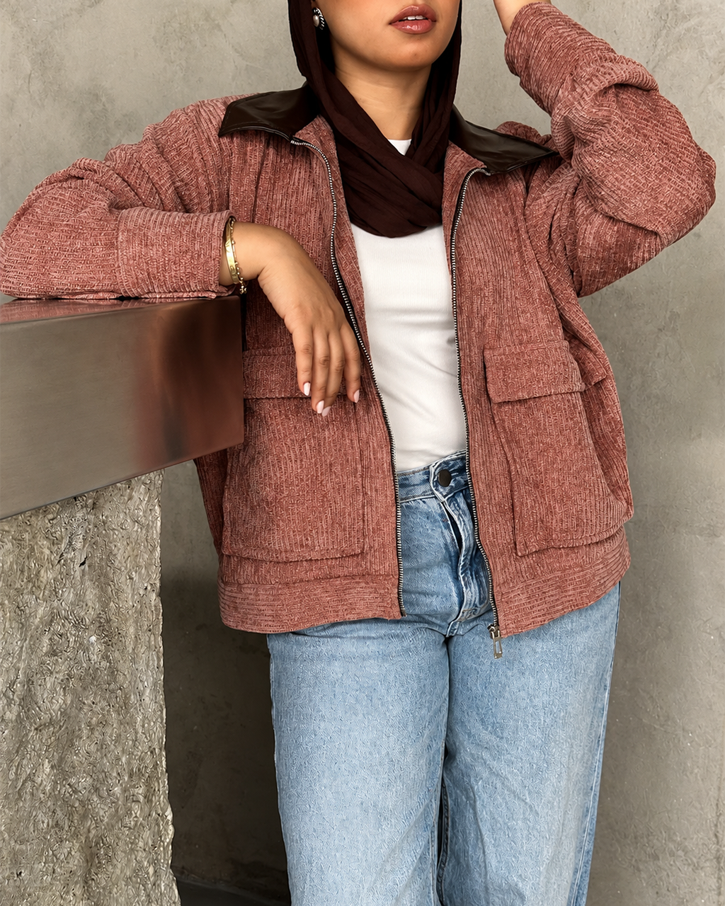 Leather-Collar Velvet Bomber Jacket