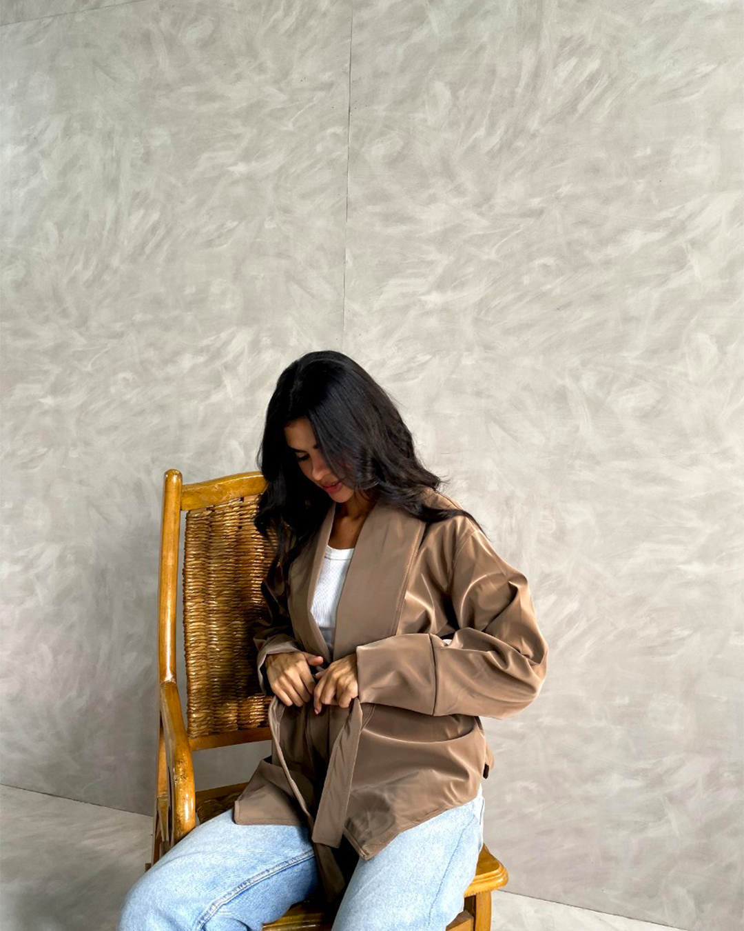 Belted Shawl-Collar Leather Wrap Jacket