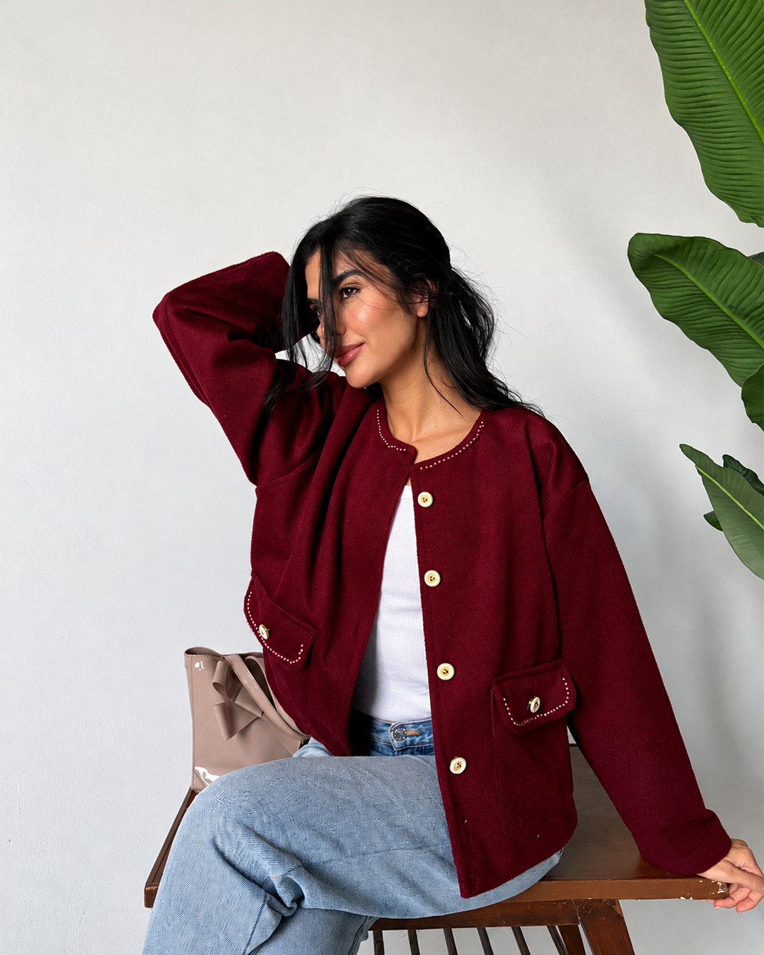 Beaded-Trim Collarless Jacket