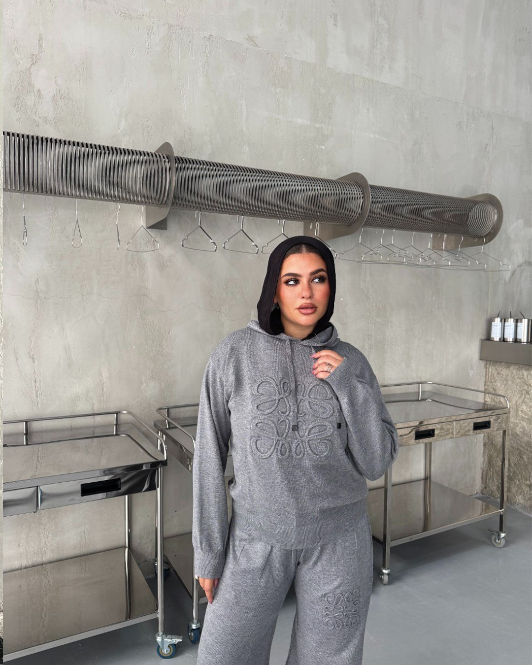 Tonal Embroidered Knit Hoodie &amp; Wide-Leg Set