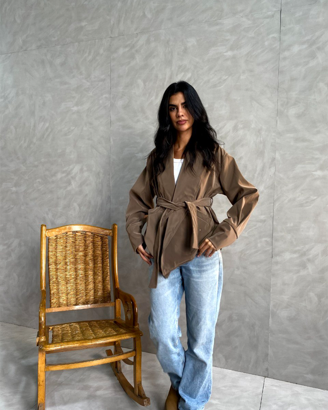 Belted Shawl-Collar Leather Wrap Jacket
