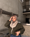 Plush-Collar Cropped Bomber Jacket
