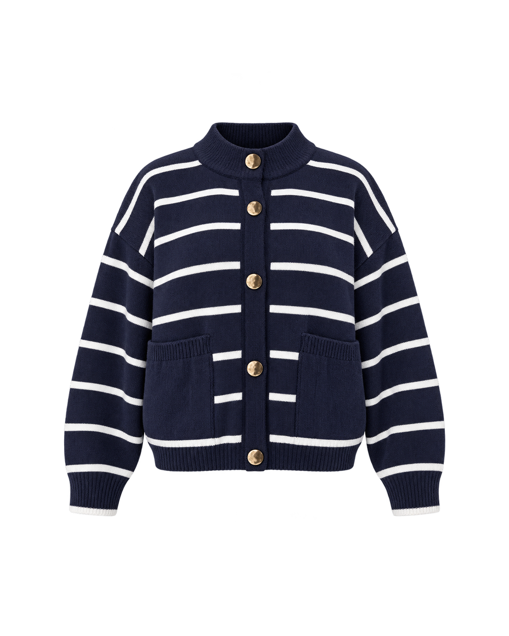 Gold-Button Striped Knit Cardigan
