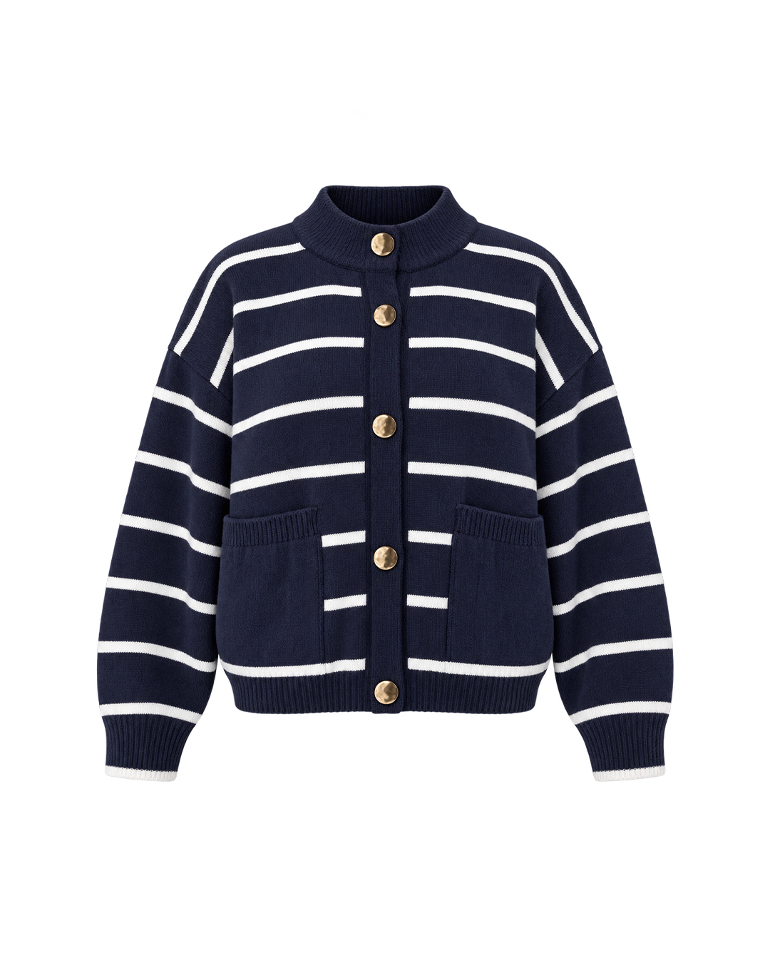 Gold-Button Striped Knit Cardigan