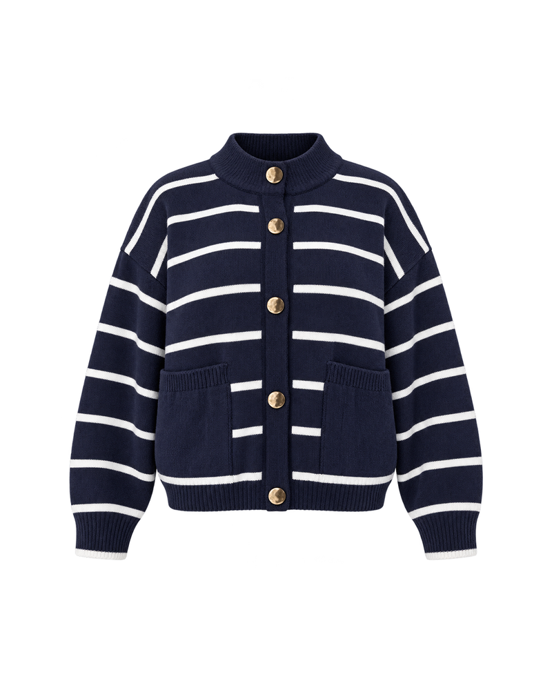 Gold-Button Striped Knit Cardigan