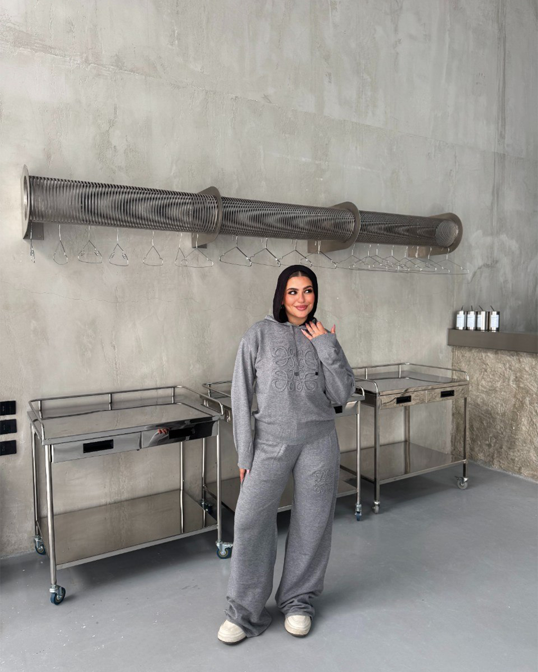 Tonal Embroidered Knit Hoodie &amp; Wide-Leg Set