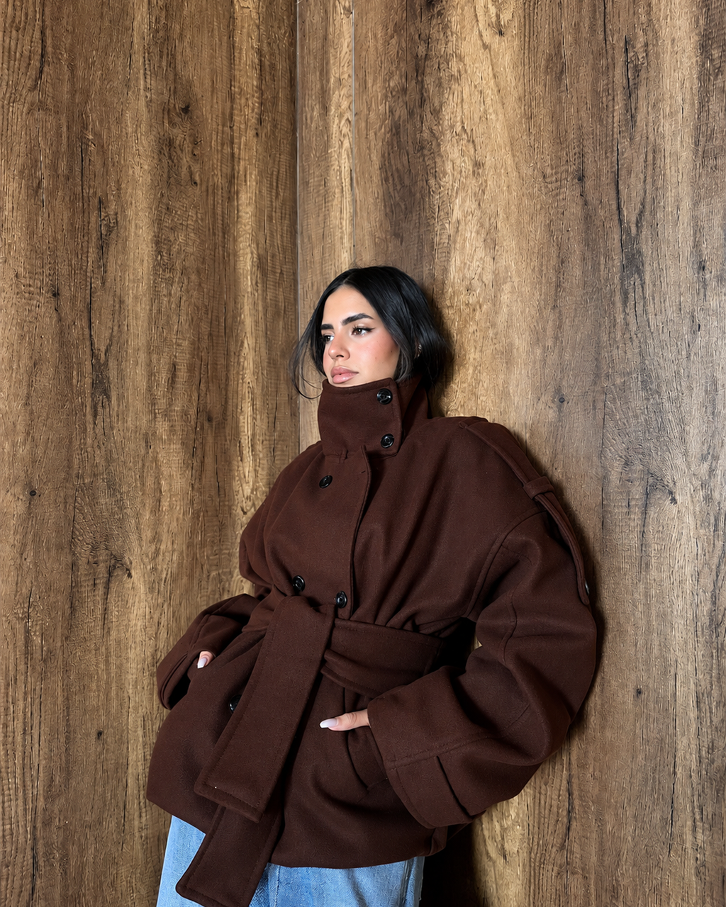 Belted High-Collar Melton Jacket