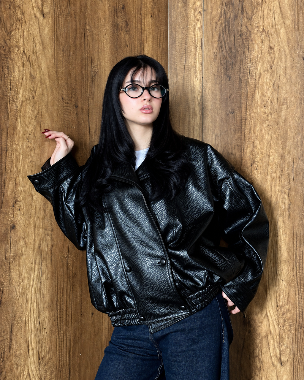 Double-Breasted Leather Bomber Jacket