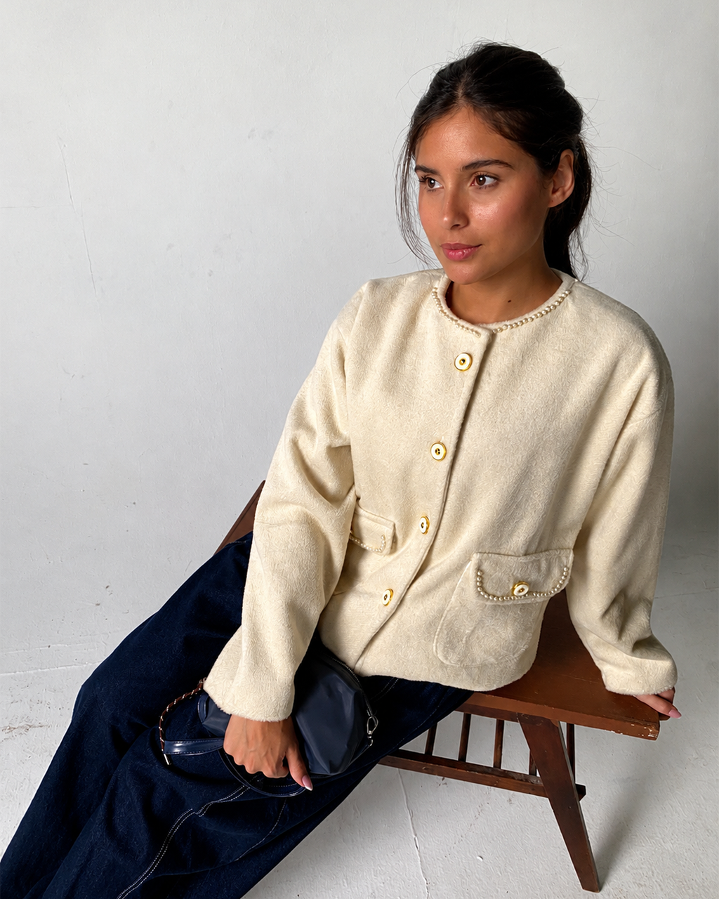 Beaded-Trim Collarless Jacket