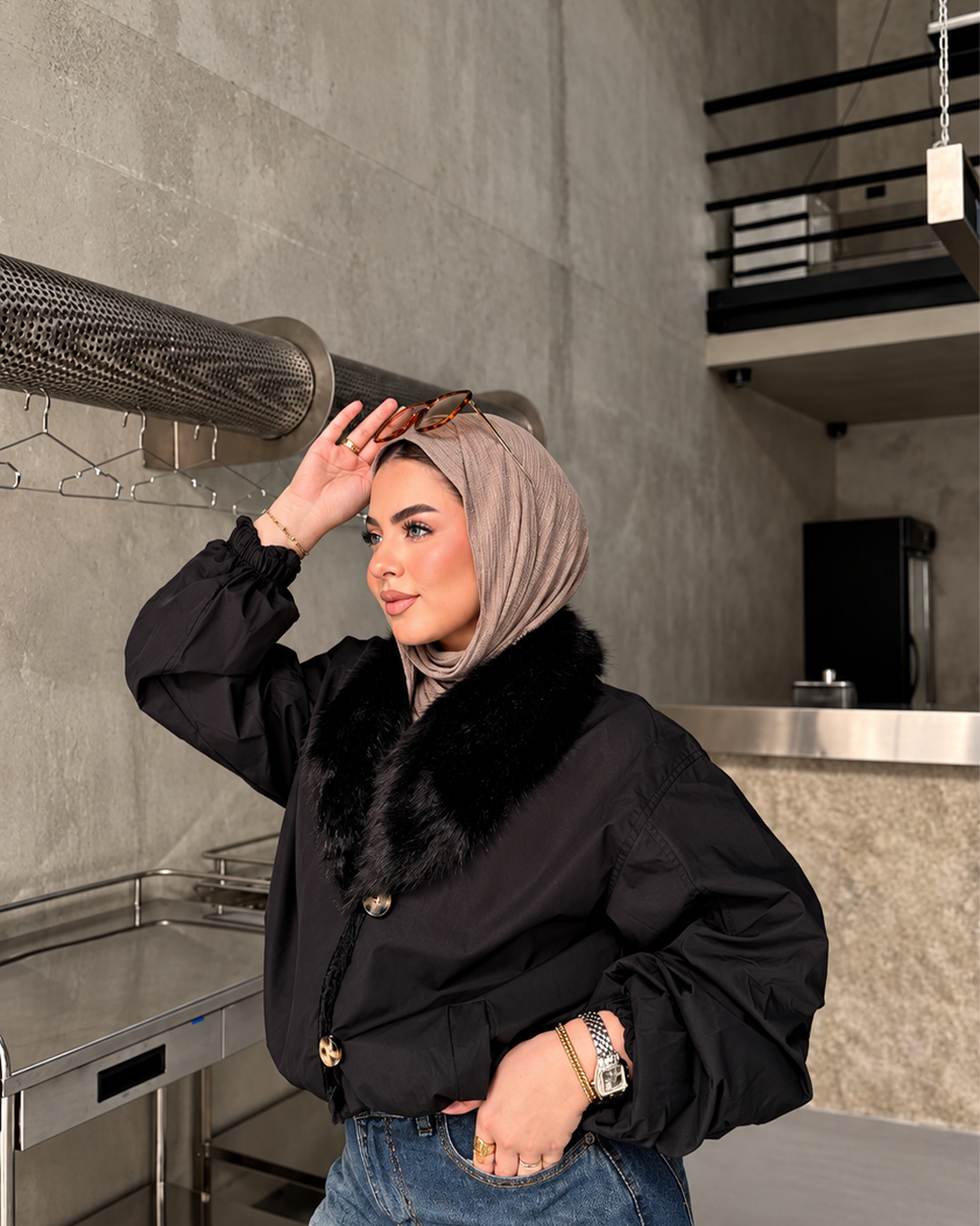 Plush-Collar Cropped Bomber Jacket