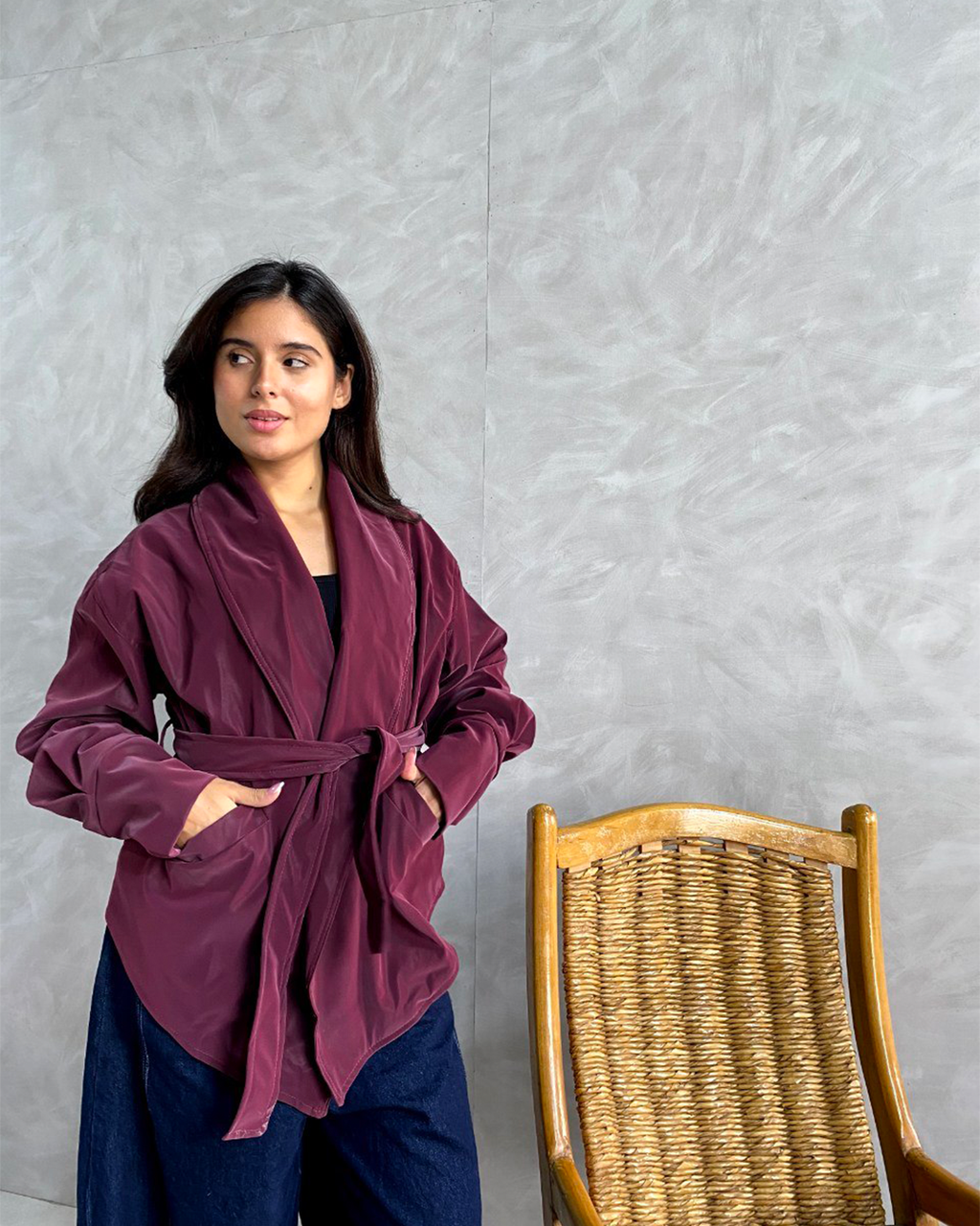 Belted Shawl-Collar Leather Wrap Jacket
