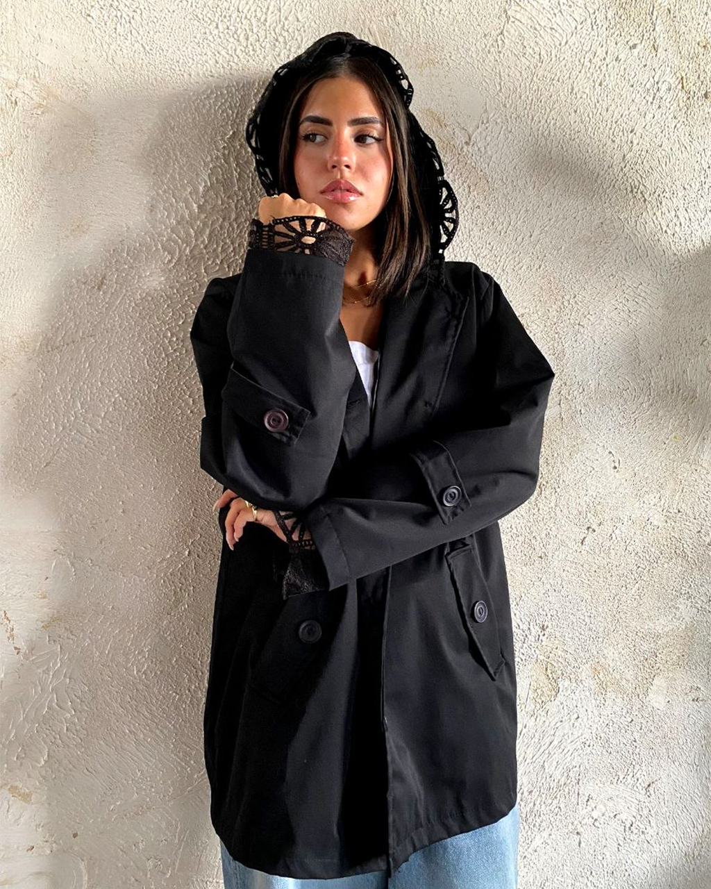 Guipure-Lace Hooded Gabardine Jacket