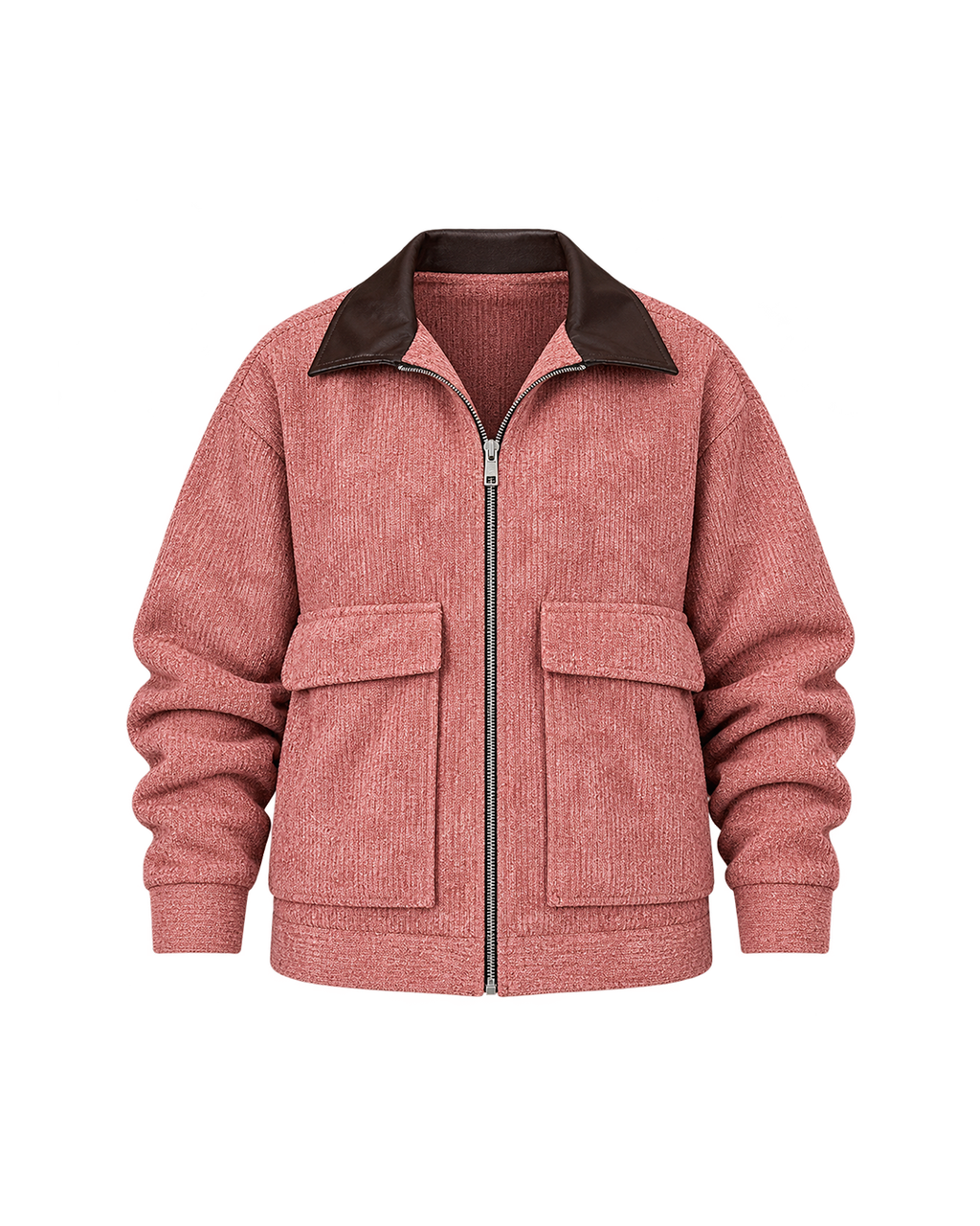 Leather-Collar Velvet Bomber Jacket