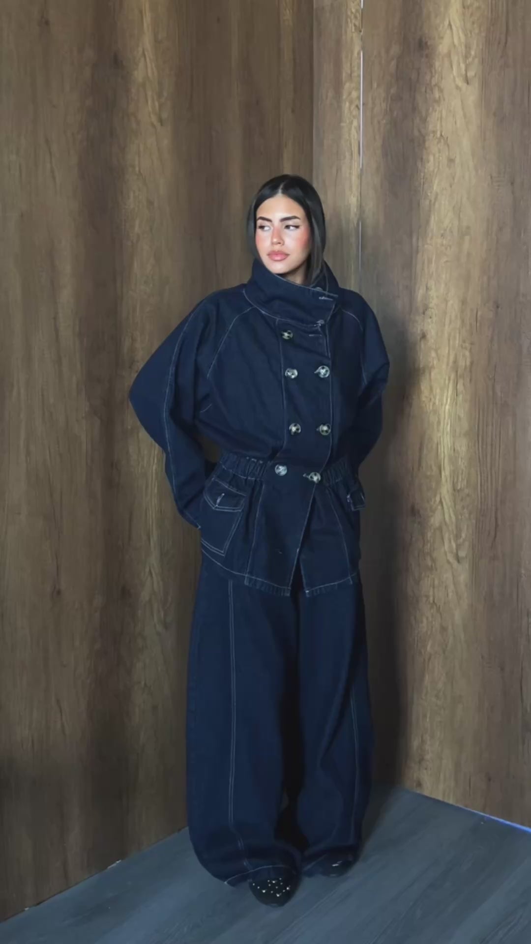 High-Collar Denim Jacket &amp; Barrel-Leg Set