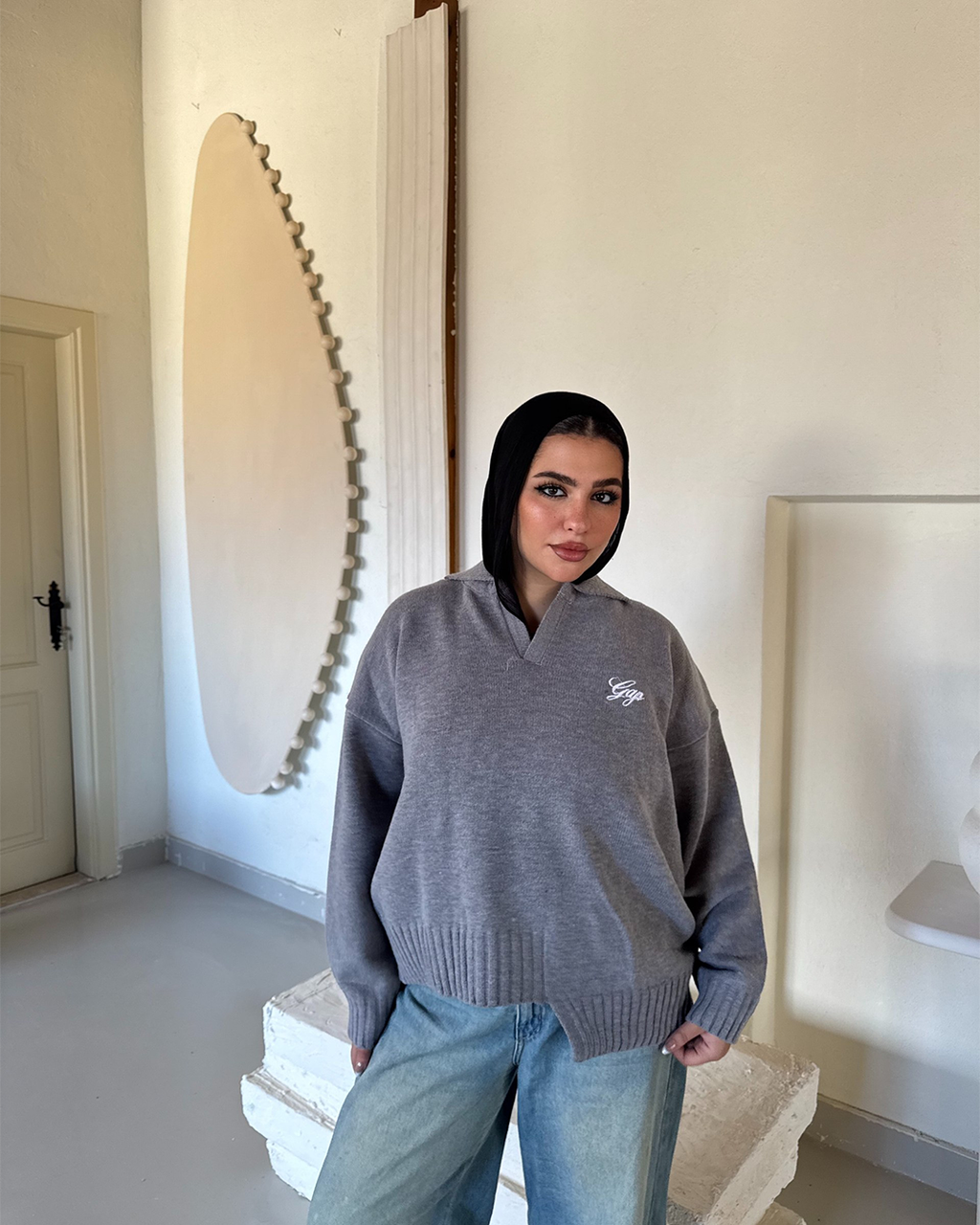 Asymmetric Hem Polo Knit Sweater