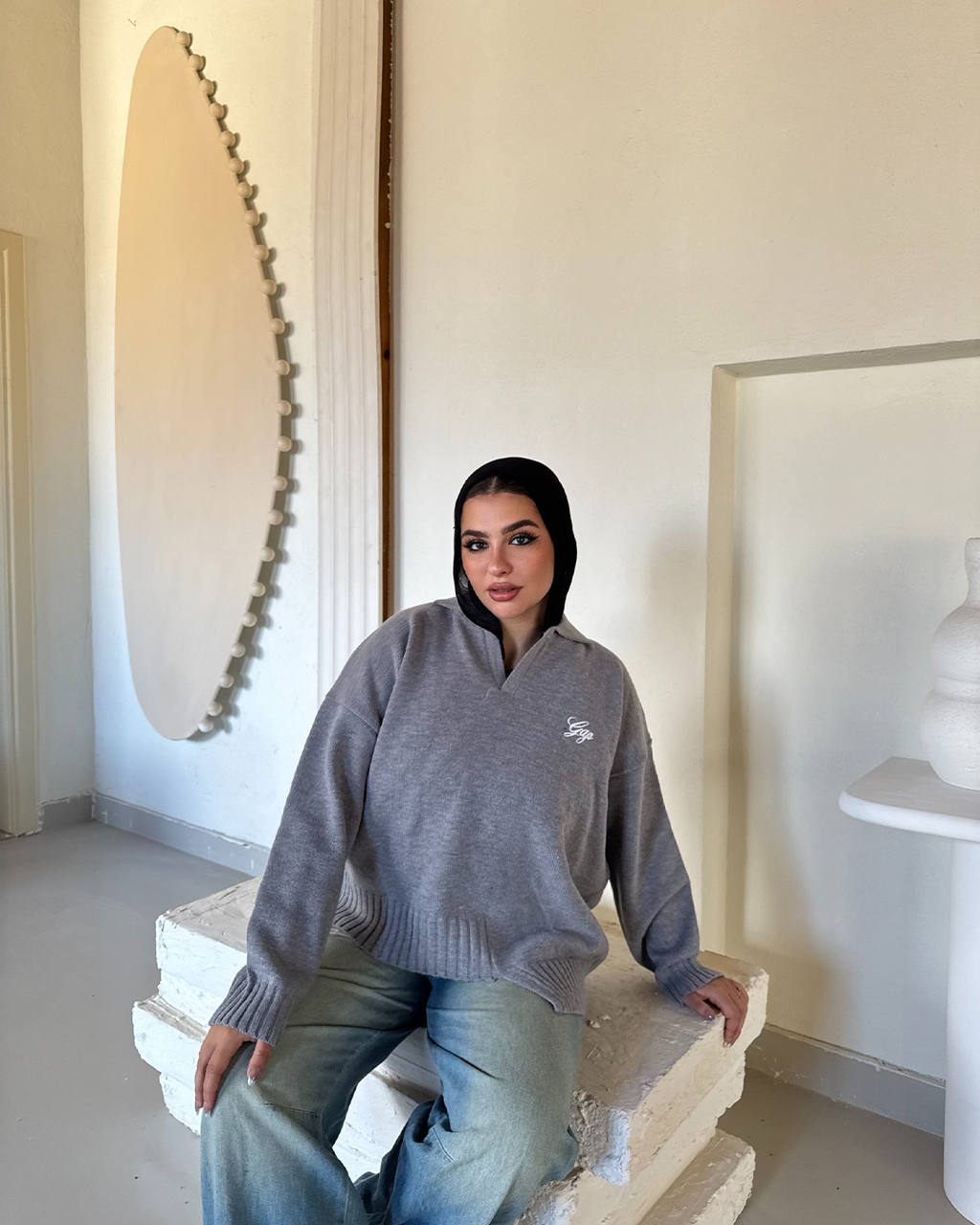 Asymmetric Hem Polo Knit Sweater