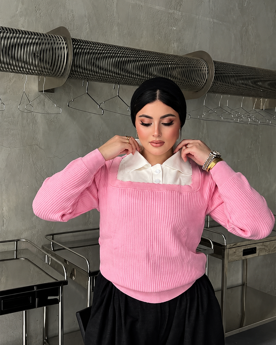 Contrast Collar Ribbed Knit Sweater