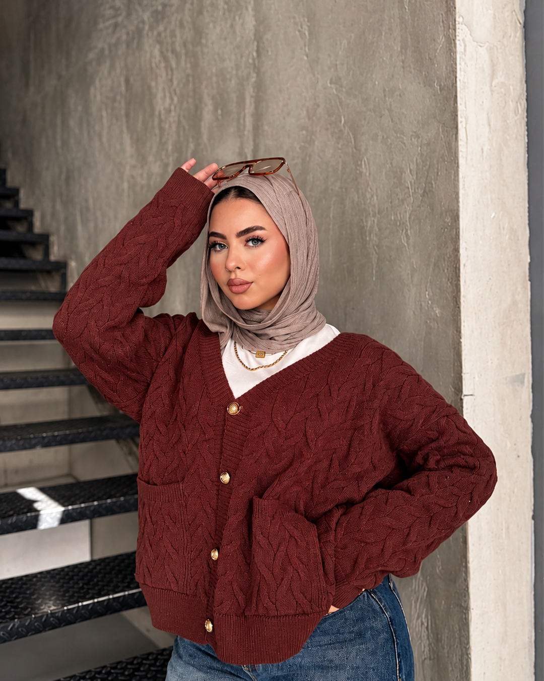 Cable-Knit Gold-Button Cardigan