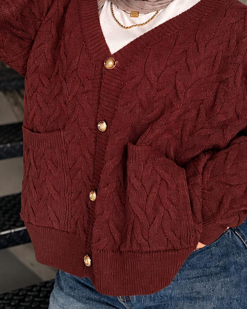 Cable-Knit Gold-Button Cardigan