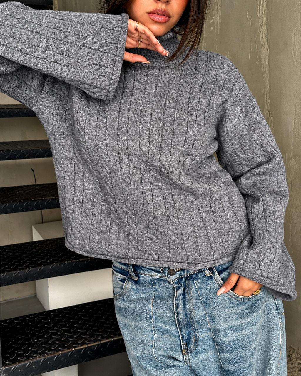 Cable Knit Flared Sleeve Turtleneck Sweater