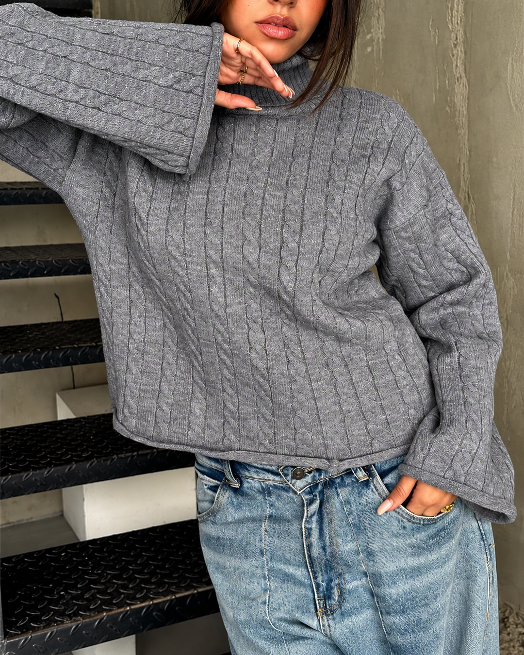 Cable Knit Flared Sleeve Turtleneck Sweater