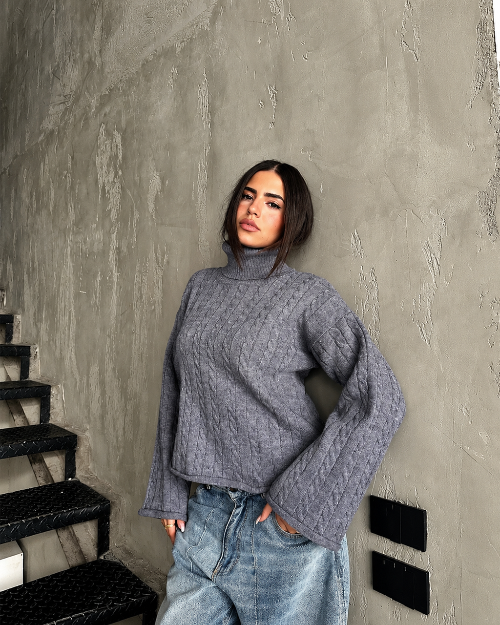 Cable Knit Flared Sleeve Turtleneck Sweater