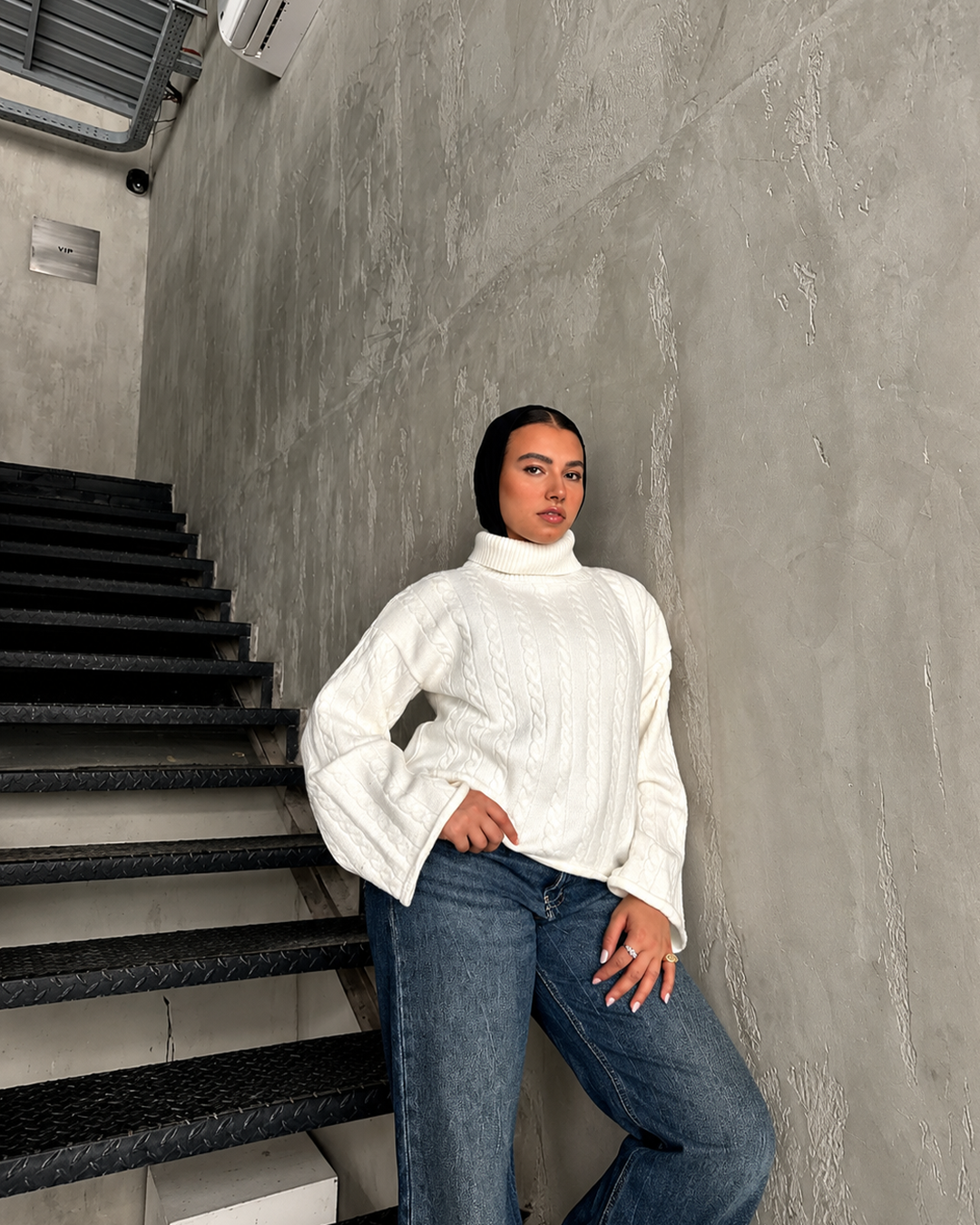 Cable Knit Flared Sleeve Turtleneck Sweater