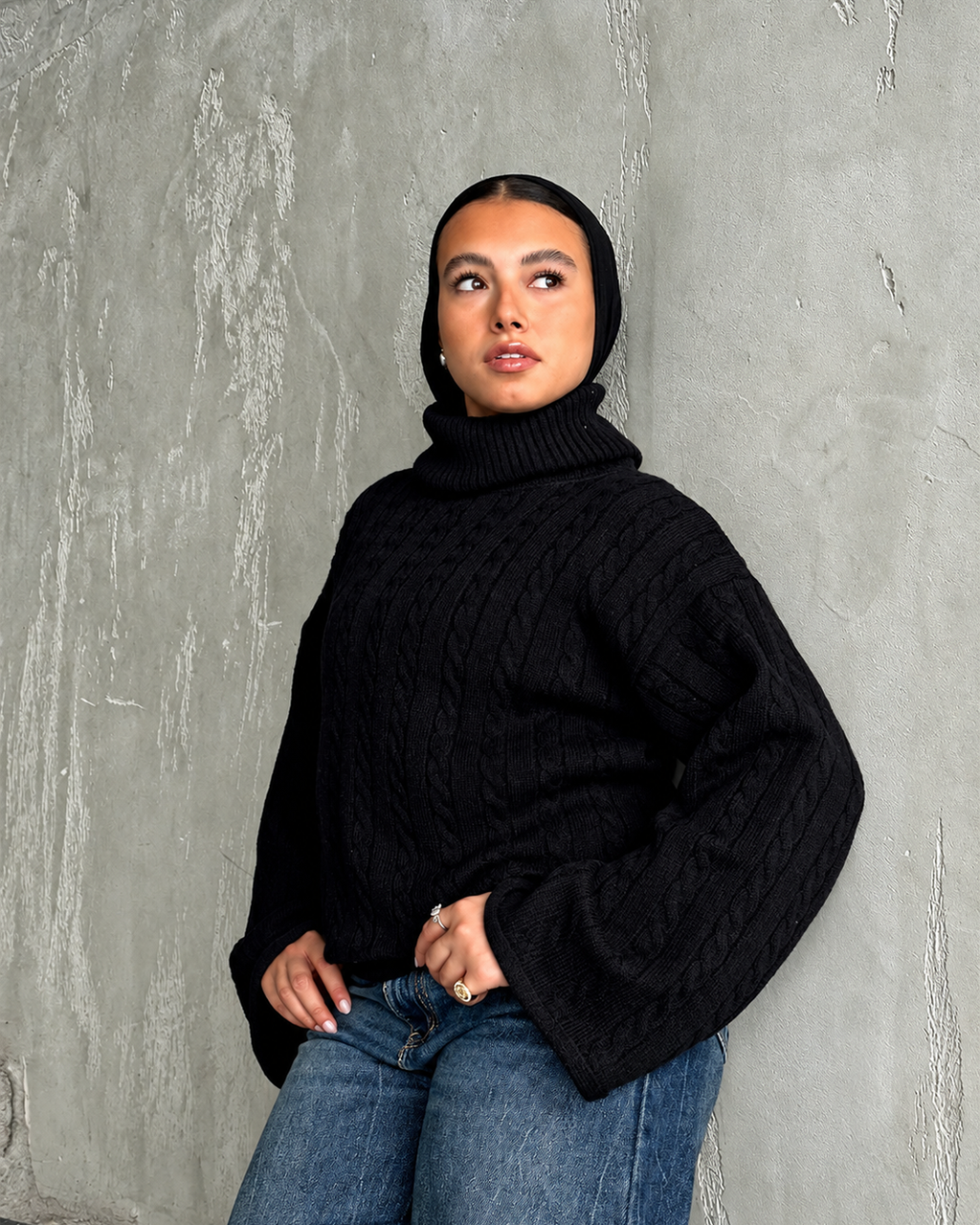 Cable Knit Flared Sleeve Turtleneck Sweater